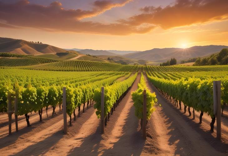 Warm Golden Sunset on Vineyard with Grape Vines and Rolling Hills