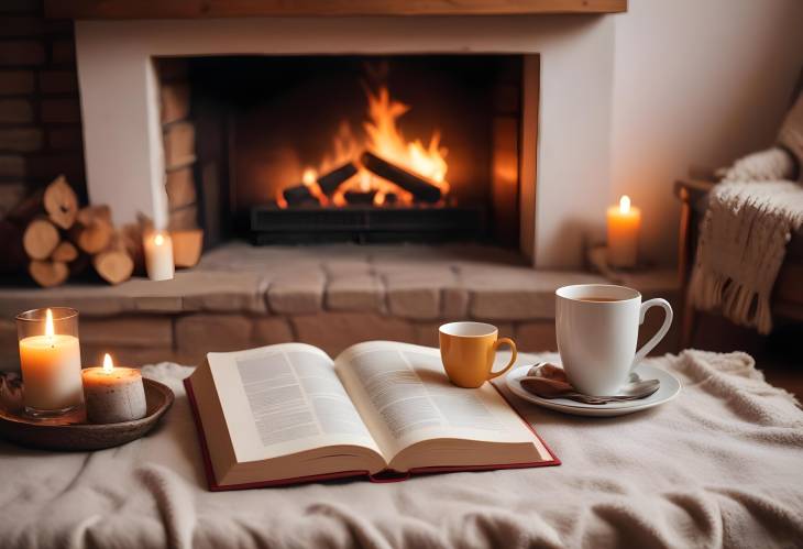 Warm Hygge Haven Open Book and Tea Cup Next to a Roaring Fireplace