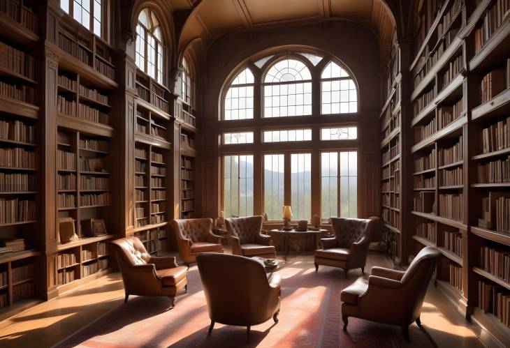 Warm Library Interior with Tall Bookshelves, Leather Armchairs, and Sunlight Through Windows