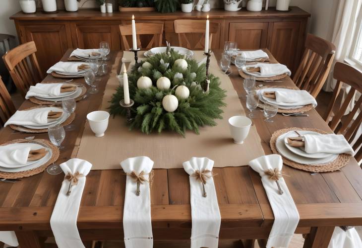 Warm Rustic Farmhouse Dining Table with Elegant Dinnerware and Cozy Details for a Family Feast