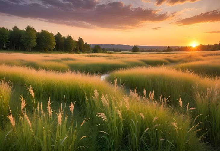 Warm Summer Countryside with Wild Grass and Sunset