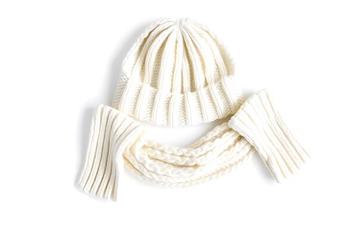 Warm White Knitted Hat, Scarf, and Gloves Set on White Background Winter Comfort