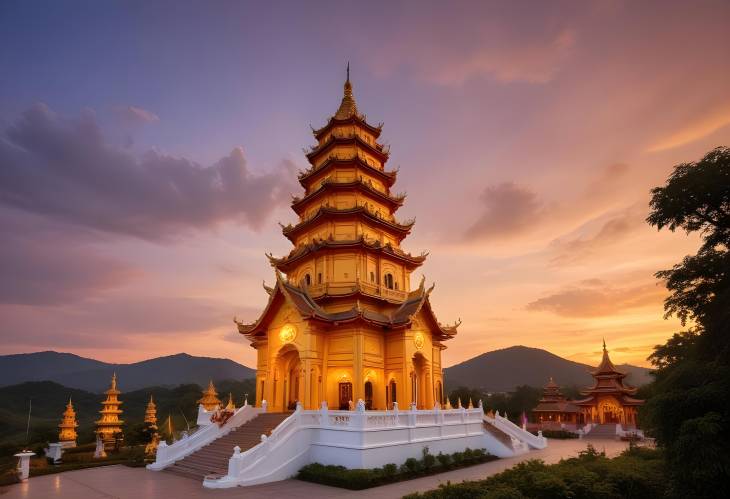 Wat Huay Pla Kangs Nine Storey Pagoda and Guan Yin Statue Sunset Beauty in Chiang Rai