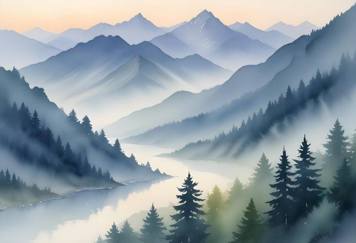 Watercolor Mountains at Dawn Embracing the Peacefulness of Misty Landscapes