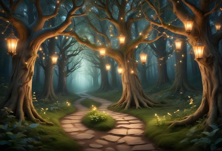 Whimsical Forest with Glowing Lights and Magic Path