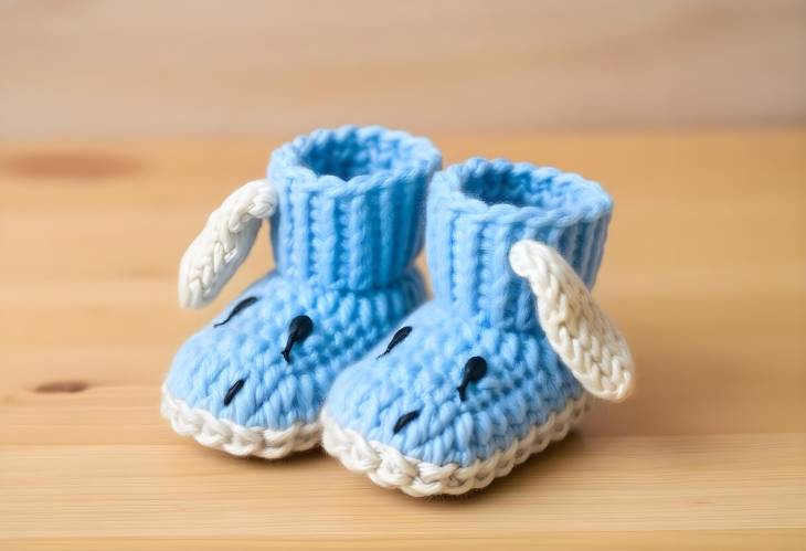 Whimsical Knitted Blue Baby Booties Featuring Rabbit Muzzle