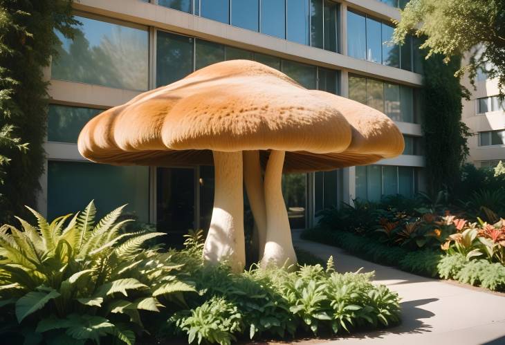 Whimsical Mushroom Office with Luxurious Fur Exterior and Cozy Atmosphere, Surrounded by Ornamental