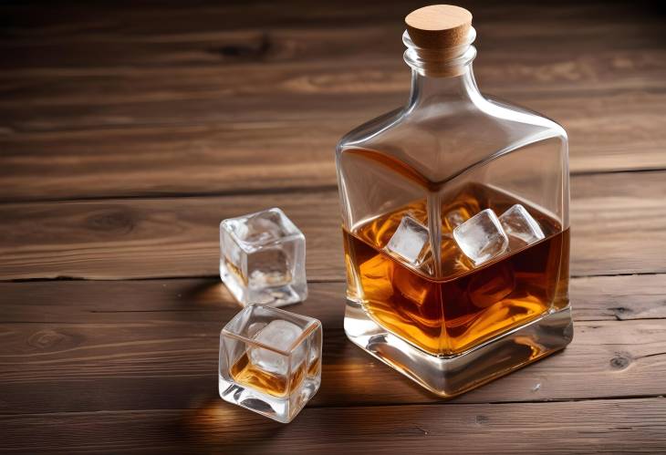 Whiskey and Ice Bottle and Glass on Wooden Surface Close Up