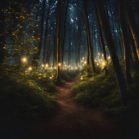 Whispers of Light Magical Sparkles Illuminate the Mysterious Forest at Night