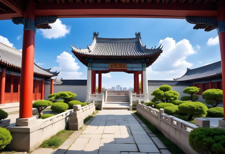 Whispers of the Past Ancient Chinese Garden Under Blue Sky and White Clouds