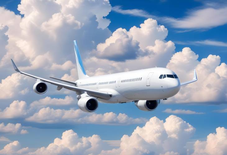 White Airplane Flying in Blue Sky with Beautiful Clouds  Air Travel Experience