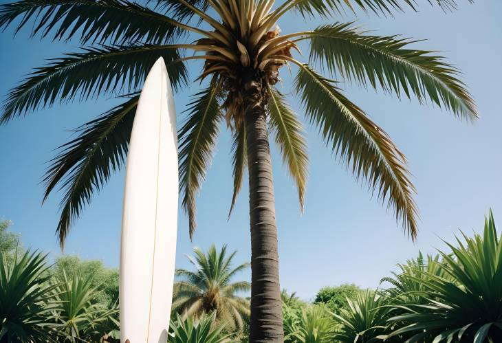 White and Black Surfboard Resting on a Gray Mexican Palm Tree with a Sunny Beach Backdrop