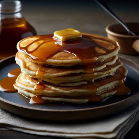 White Background Pancakes with Butter and Syrup, CloseUp