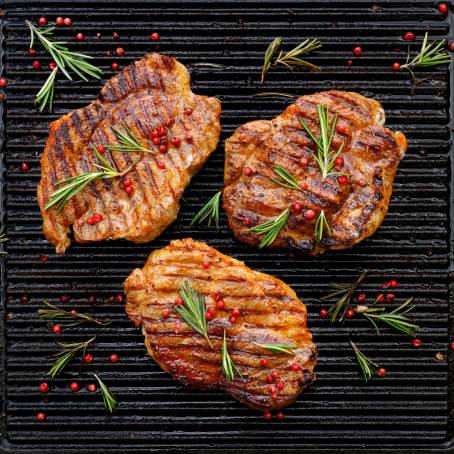 White Background Top View of Grilled Pork Perfect for Culinary Photography and Menus