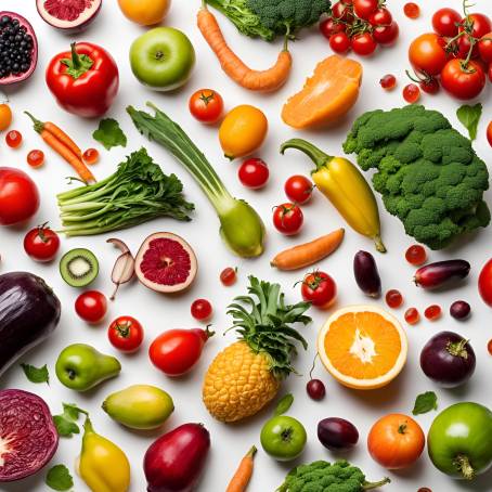 White Background with Healthy Fruits and Vegetables Studio Photography for Eating Well