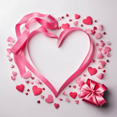 White Background with Pink Ribbon Heart Happy Valentines Day, Romantic and Love Filled