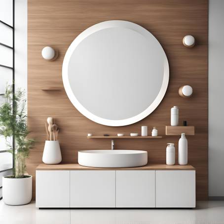 White Bathroom Design Featuring 3D Circle Mirror