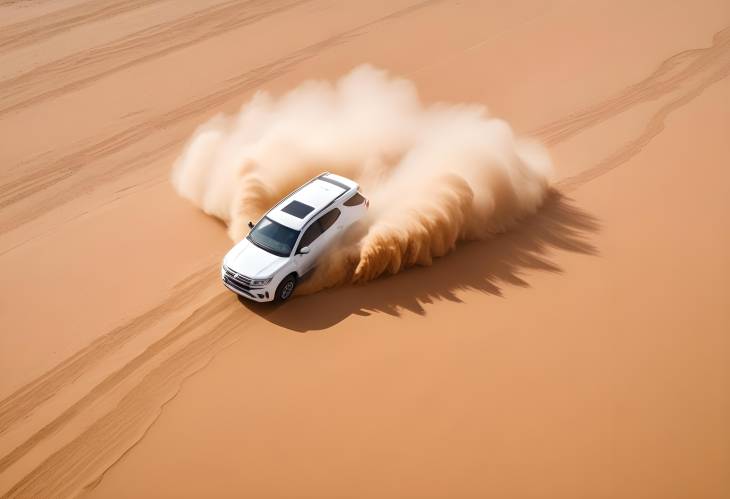 White Car Creating Sandstorm in Namibian Desert Aerial Drone Capture of Drifting Action