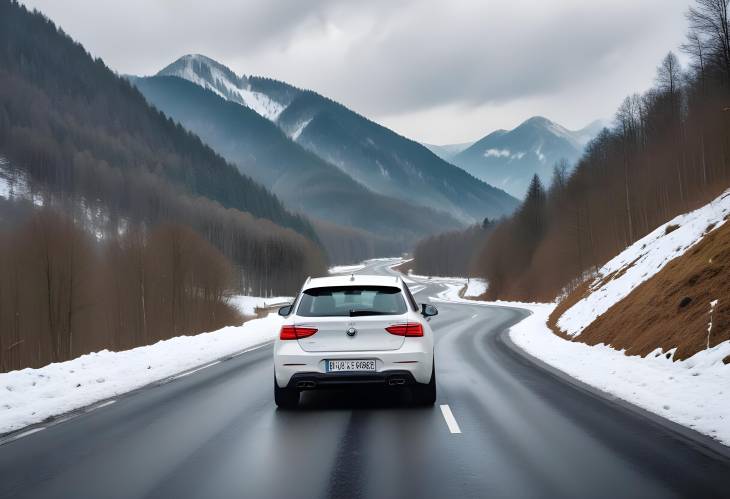 White Car Navigating Snowy Mountain Road with Scenic Green Mountains in Bavaria Winter