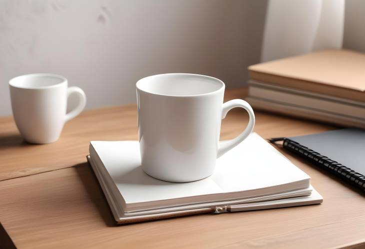 White Ceramic Mug and Notebooks on Wooden Table  Perfect for Adding Personalized Text or Design