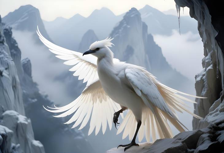 White Chinese Loong Bird with Ethereal Glow on Marble Mountain in Twilight