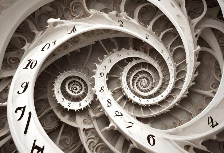 White Clock Face with Spiral Fractal Exploring Infinity and Time Themes Banner