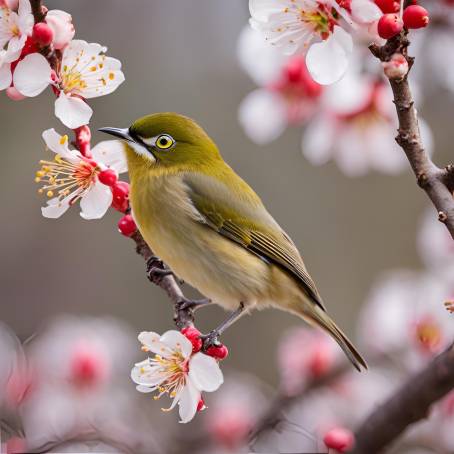 White Eye Bird Amidst Plum Blossoms in Japanese Spring  Elegant Nature Scene