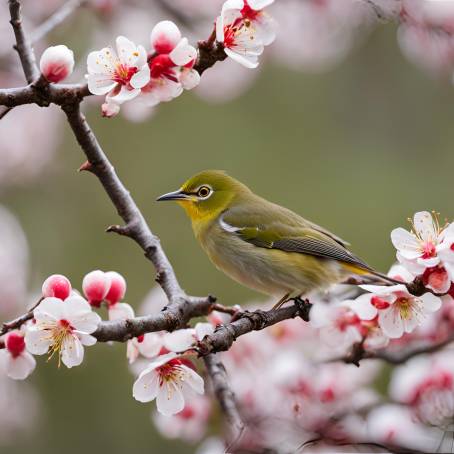 White Eye Bird Among Plum Blossoms  Springtime in Japan Captured in Detail