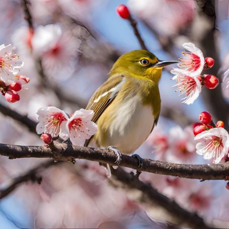 White Eye Bird Perched Among Plum Blossoms in Springtime Japan  Nature Photography