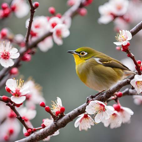 White eye Bird with Plum Blossoms in Japan  Springtime Beauty Captured