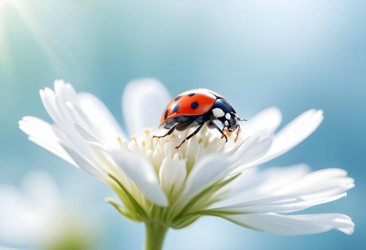 White Flower with Ladybug in Light Blue Glow