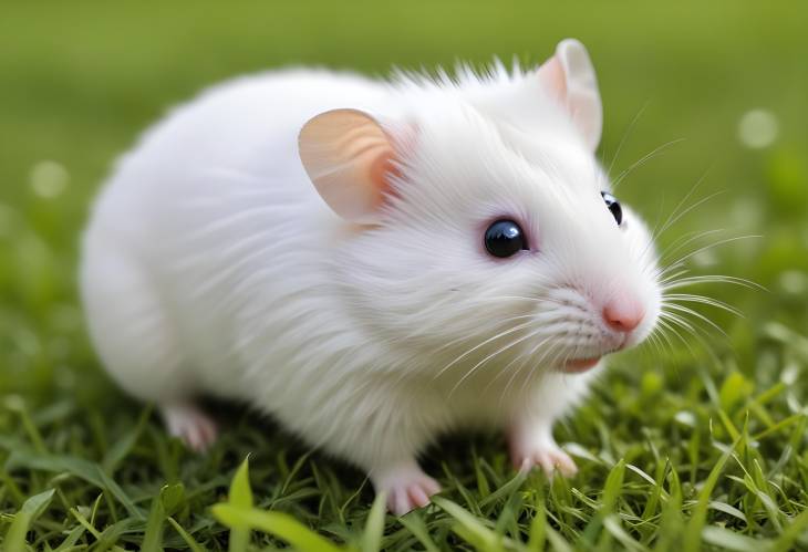 White Hamster Close Up on Lawn Adorable Pet in Green Grass