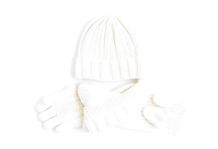 White Knitted Hat, Scarf, and Gloves Isolated Winter Accessories on White Background