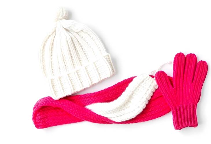 White Knitted Hat, Scarf, and Gloves Set for Winter Isolated on White Background