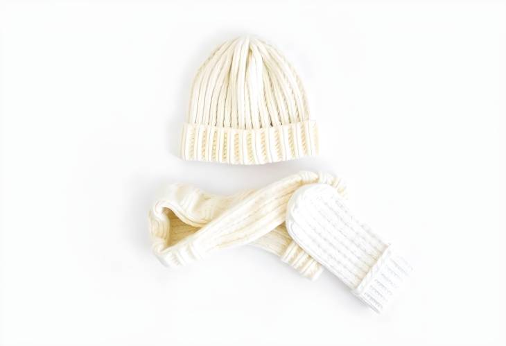 White Knitted Winter Accessories Hat, Scarf, and Gloves on White Background