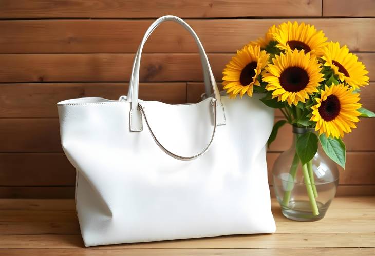 White Leather Shopper Bag and Sunflowers in Vase Stylish and Practical on Wooden Background