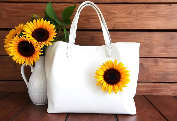 White Leather Shopper Bag and Sunflowers in Wooden Vase Classic Style on Wooden Background