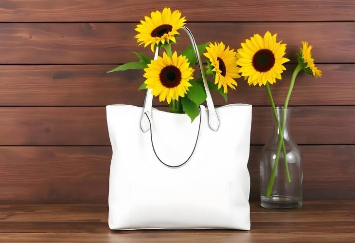 White Leather Shopper Bag with Sunflowers in Wooden Vase Fashionable on Wood Background