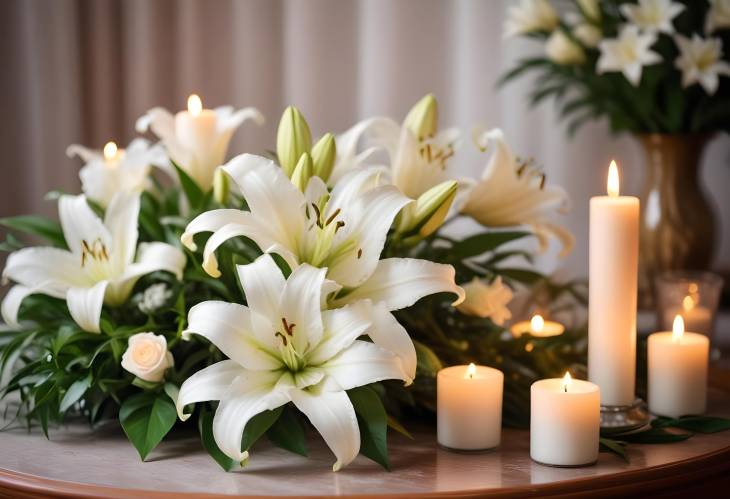 White Lilies and Candlelight with Bokeh Effect  Elegant Indoor Funeral Tribute