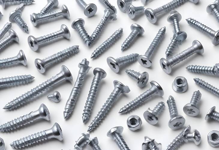 White Metal Screws and Self Tapping Screws on White Background, Perfect for Adding Text