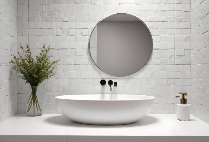 White Mosaic Tile Wall with Bathroom Table, Perfect Background for Product and Wall Tile Design