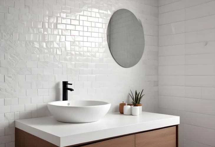 White Mosaic Tiles Wall with Bathroom Table, Perfect Design Background for Product and Wall Tile