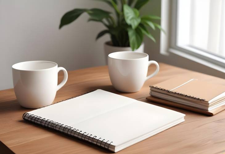 White Mug and Notebooks on Wooden Desk  Space for Adding Personalized Text or Graphics