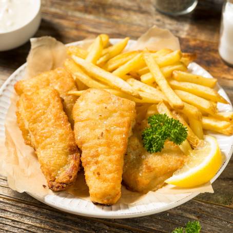 White Plate with Fish and Chips Top Down Food Photography