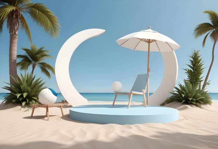 White Round Podium on Beach with Chair, Umbrella, Surfboard, Ball, and Plant Under Clear Sky