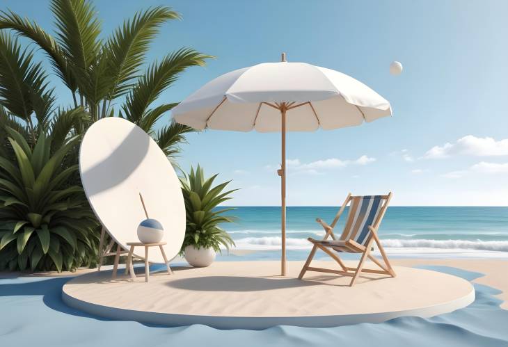 White Round Podium on Sand with Beach Chair, Umbrella, Surfboard, Ball, and Plant Against Blue Sky