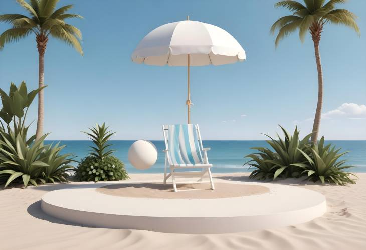 White Round Podium with Beach Accessories on Sand, Featuring Chair, Umbrella, Surfboard, Ball, and P