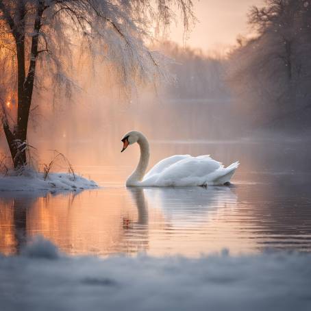 White Swan Alone in Snowy Winter Lake at Dawn with Snowfall  Serene Photography