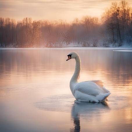 White Swan in Snowy Winter Lake at Sunrise  Tranquil Nature Photography