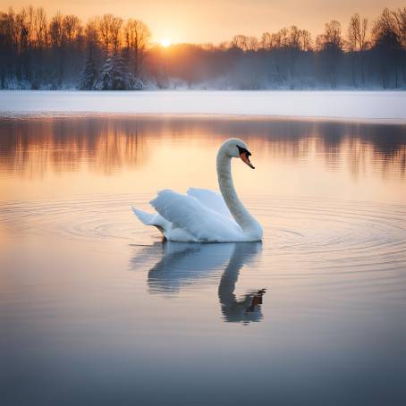 White Swan on Snowy Winter Lake at Sunrise  Elegant Animal Photography